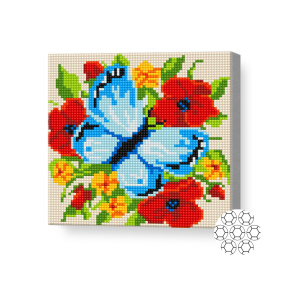 Fluture azuriu pe flori, 20х20 cm, mozaic cu diamante