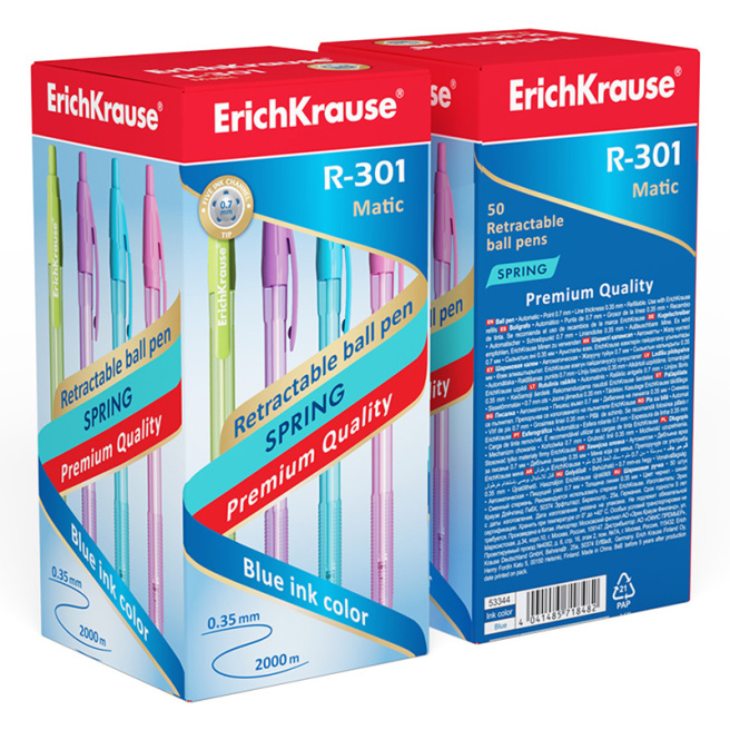 Pix bilă cu buton ErichKrause 0,7mm, R-301 Spring Matic albastru