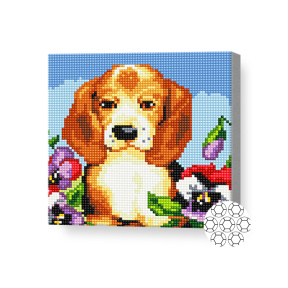 Cățeluș și violete, 20x20 cm, mozaic cu diamante