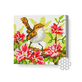 Pasăre pe crenguță înflorită, 20x20 cm, mozaic cu diamante