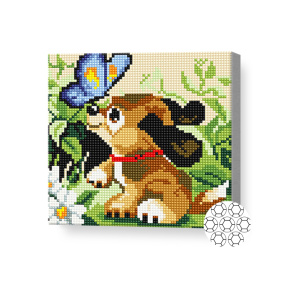 Cățeluș și fluture, 20x20 cm, mozaic cu diamante