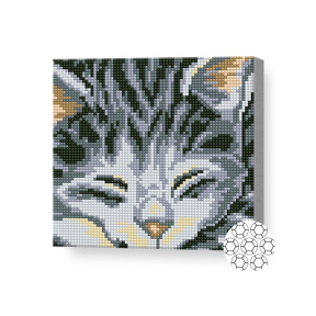 Motănaș gri adormit, 20x20 cm, mozaic cu diamante