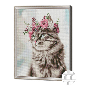 Pisica în coroniță de flori, 40x50 cm, mozaic cu diamante pătrate