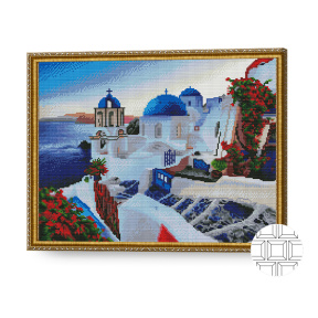 Santorini la apus, 40x50 cm, mozaic cu diamante pătrate