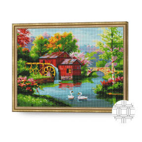 Мельница на реке, 40x50 см, алмазная мозаика квадратная