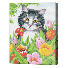 Кот среди тюльпанов 20x30 см, картина по номерам