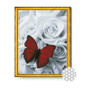 Fluture bordo pe trandafiri albi, 40x50 cm, mozaic cu diamante
