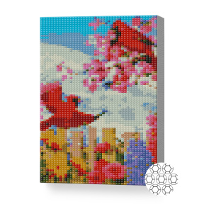 Păsări roșii primăvară, 20x30 cm, mozaic cu diamante