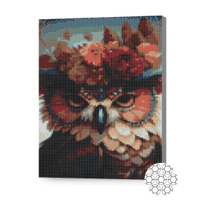 Bufniță în coroniță de flori, 30x40 cm, mozaic cu diamante
