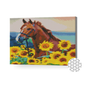 Calul în câmp cu floarea soarelui, 30x40 cm, mozaic cu diamante