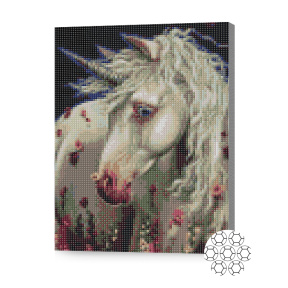 Unicorn printre flori, 30x40 cm, mozaic cu diamante
