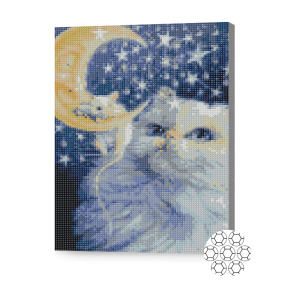 Pisică albă și șoricel, 30x40 cm, mozaic cu diamante