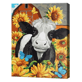 Văcuță printre floarea soarelui, 30x40 cm, pictură pe numere