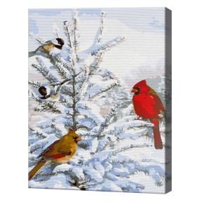 Copac înzăpezit și păsărele, 30x40 cm, pictură pe numere