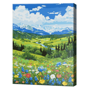 Pajiște înflorită în munți, 30x40 cm, pictură pe numere