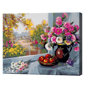 Flori și fructe la geam, 30x40 cm, pictură pe numere