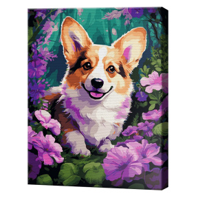 Corgi în flori, 40x50 cm, pictură pe numere