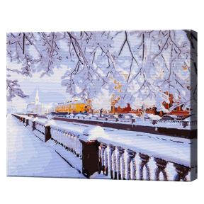 Orașul pe râu înzăpezit, 40x50 cm, pictură pe numere