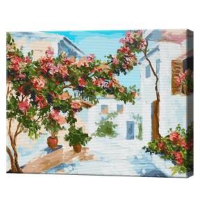 Căsuțele albe la Santorini, 40x50 cm, pictură pe numere