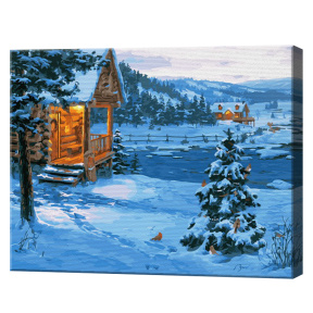 Căsuță pe malul râului, 40x50 cm, pictură pe numere