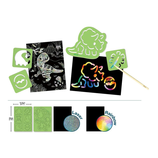 Set de carduri scratch cu șabloane, Dinozauri