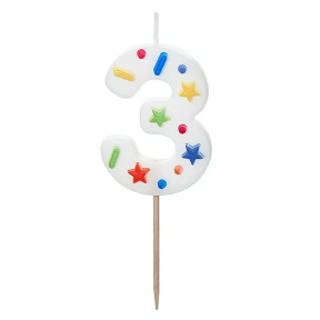 Lumânare pentru tort alb cu confetti 5.5 cm, Cifra 3