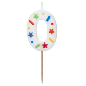 Lumânare pentru tort alb cu confetti 5.5 cm, Cifra 0