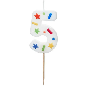 Lumânare pentru tort alb cu confetti 5.5 cm, Cifra 5