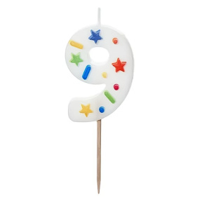 Lumânare pentru tort alb cu confetti 5.5 cm, Cifra 9