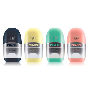 Ascuțitoare MILAN  în container + radieră "Capsule Silver"